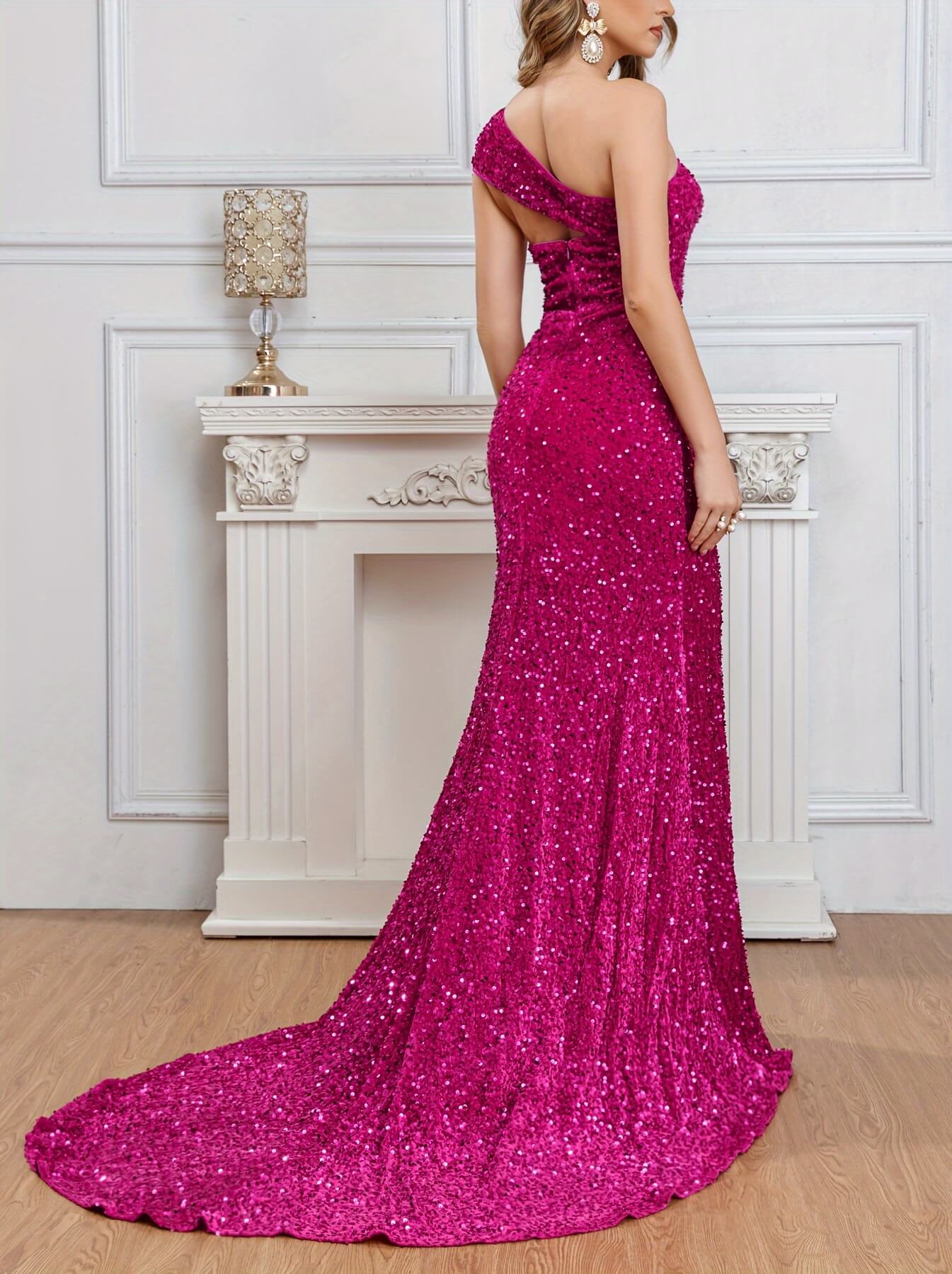 One Shoulder Sequined Pageant Dress