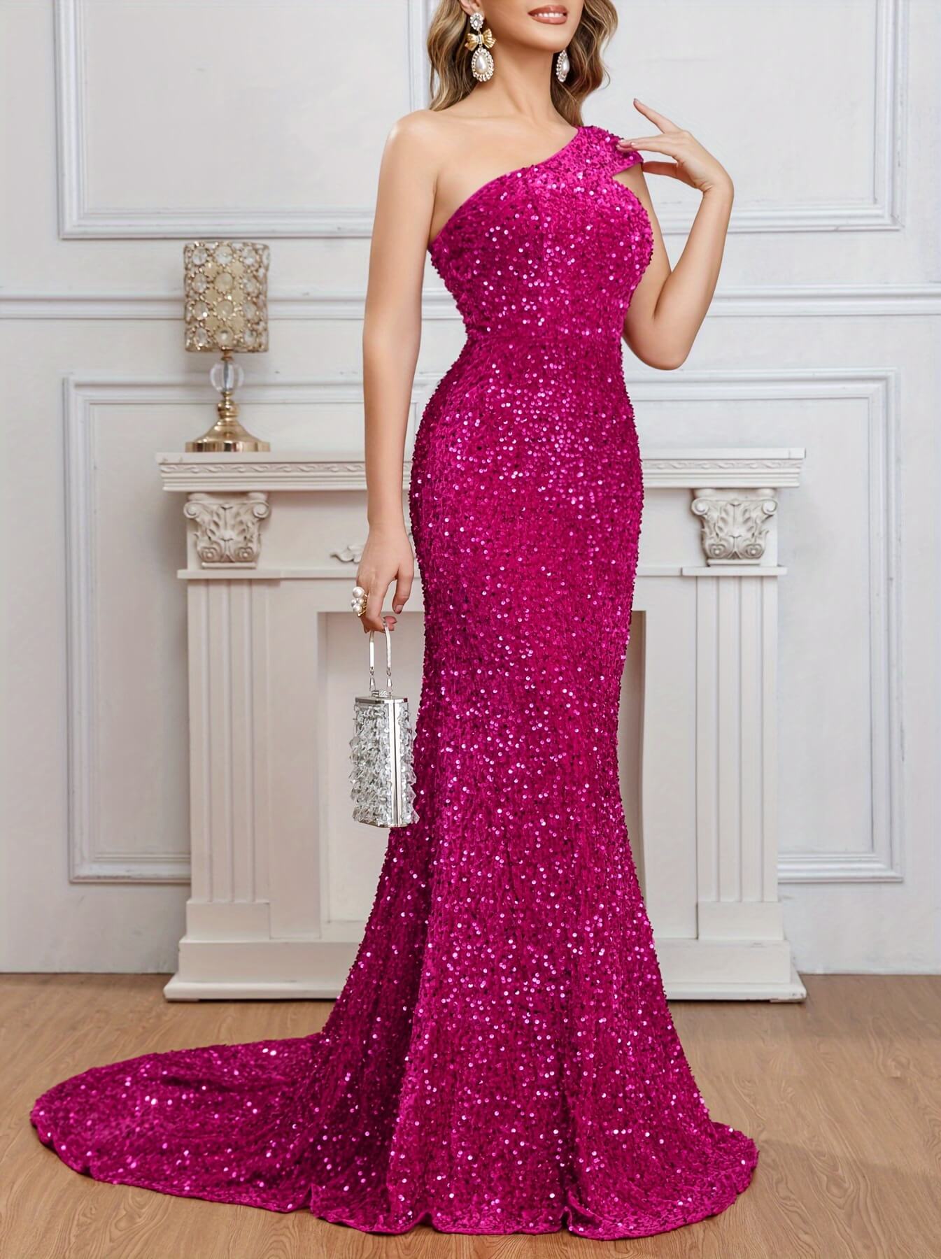 One Shoulder Sequined Pageant Dress