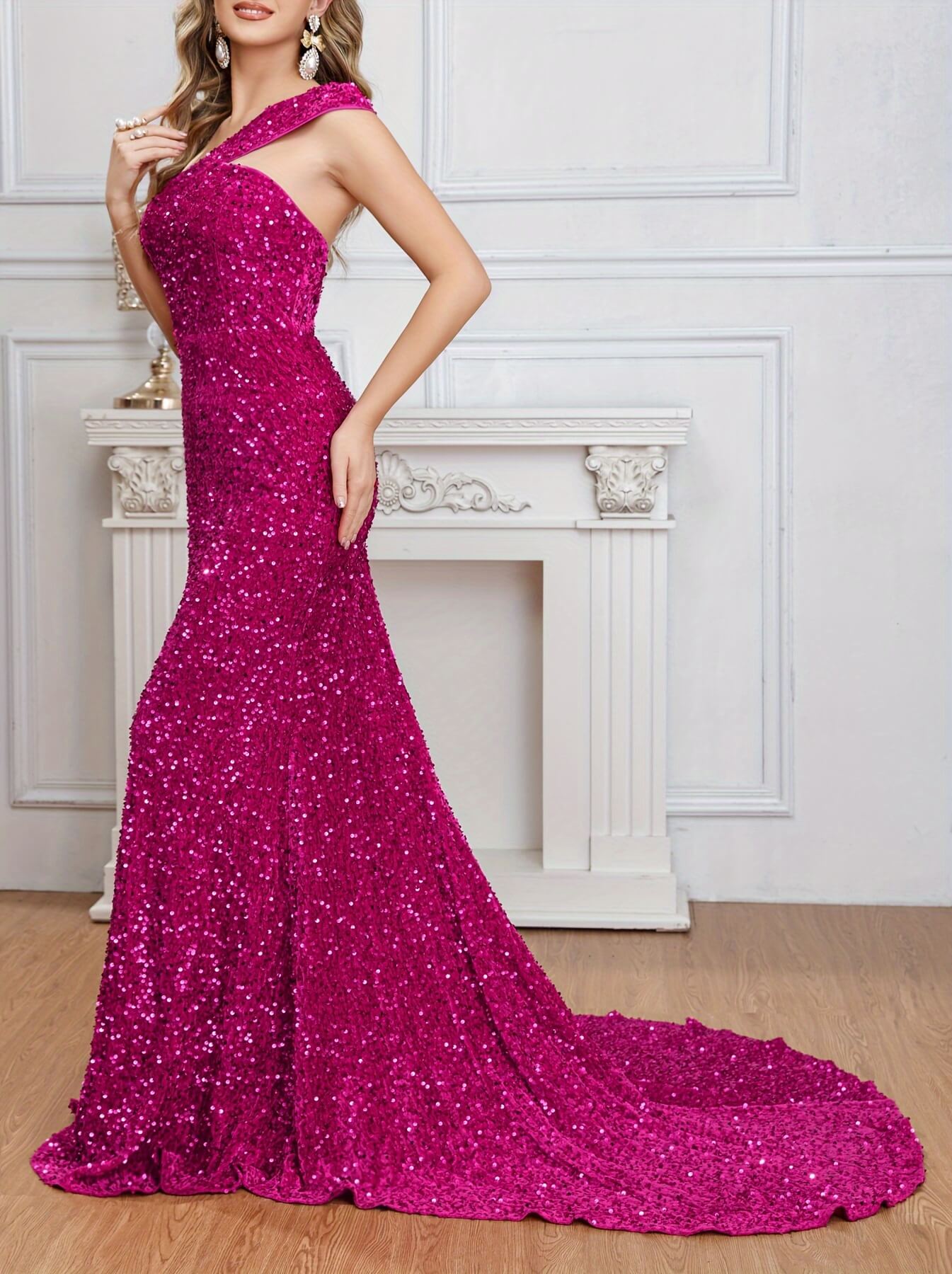 One Shoulder Sequined Pageant Dress