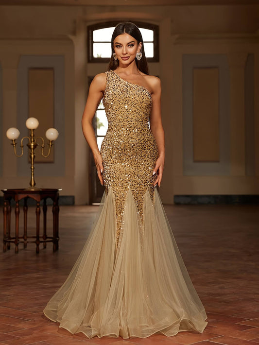 One Shoulder Flared Cut Pageant Dress