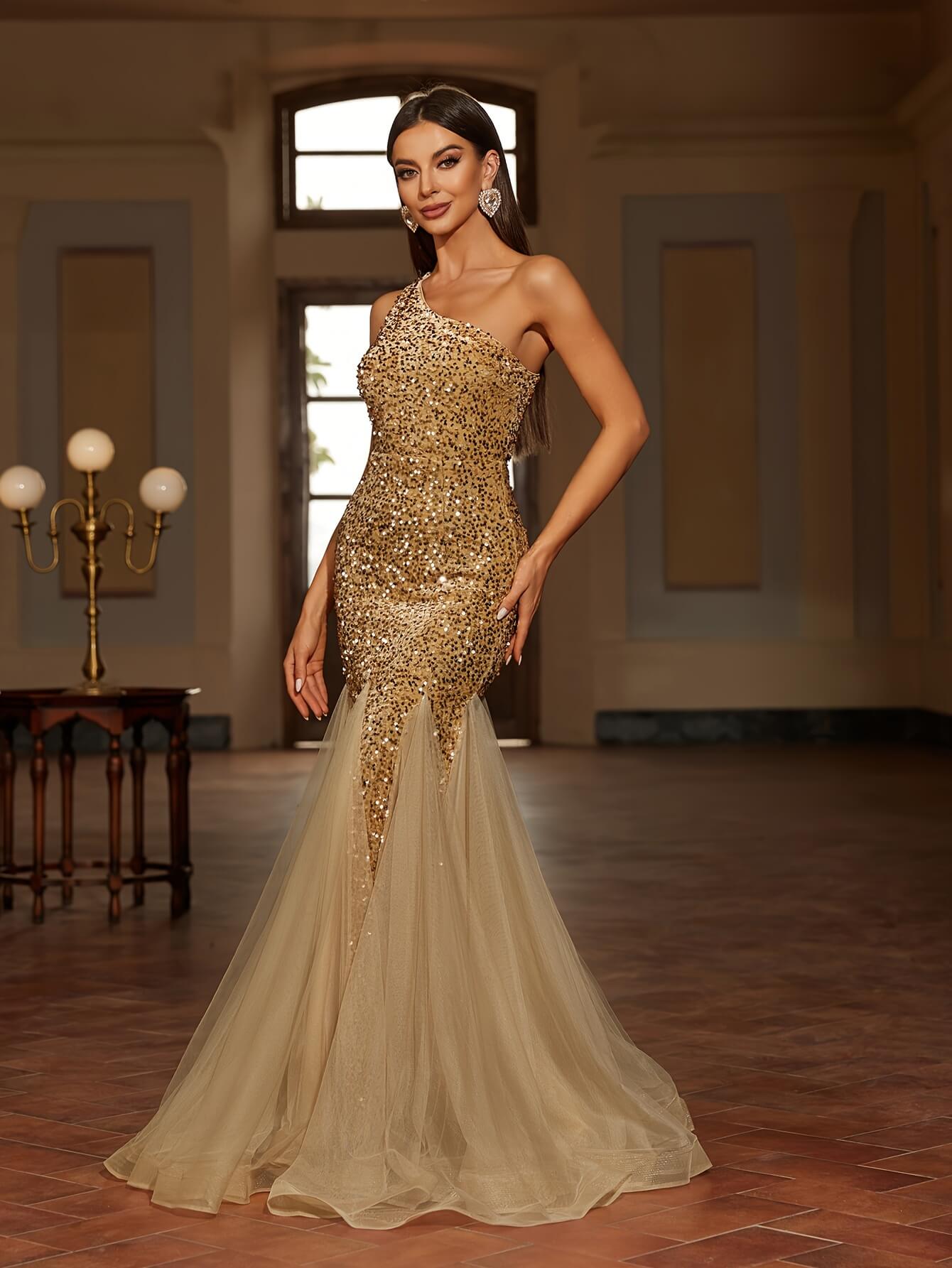 One Shoulder Flared Cut Pageant Dress