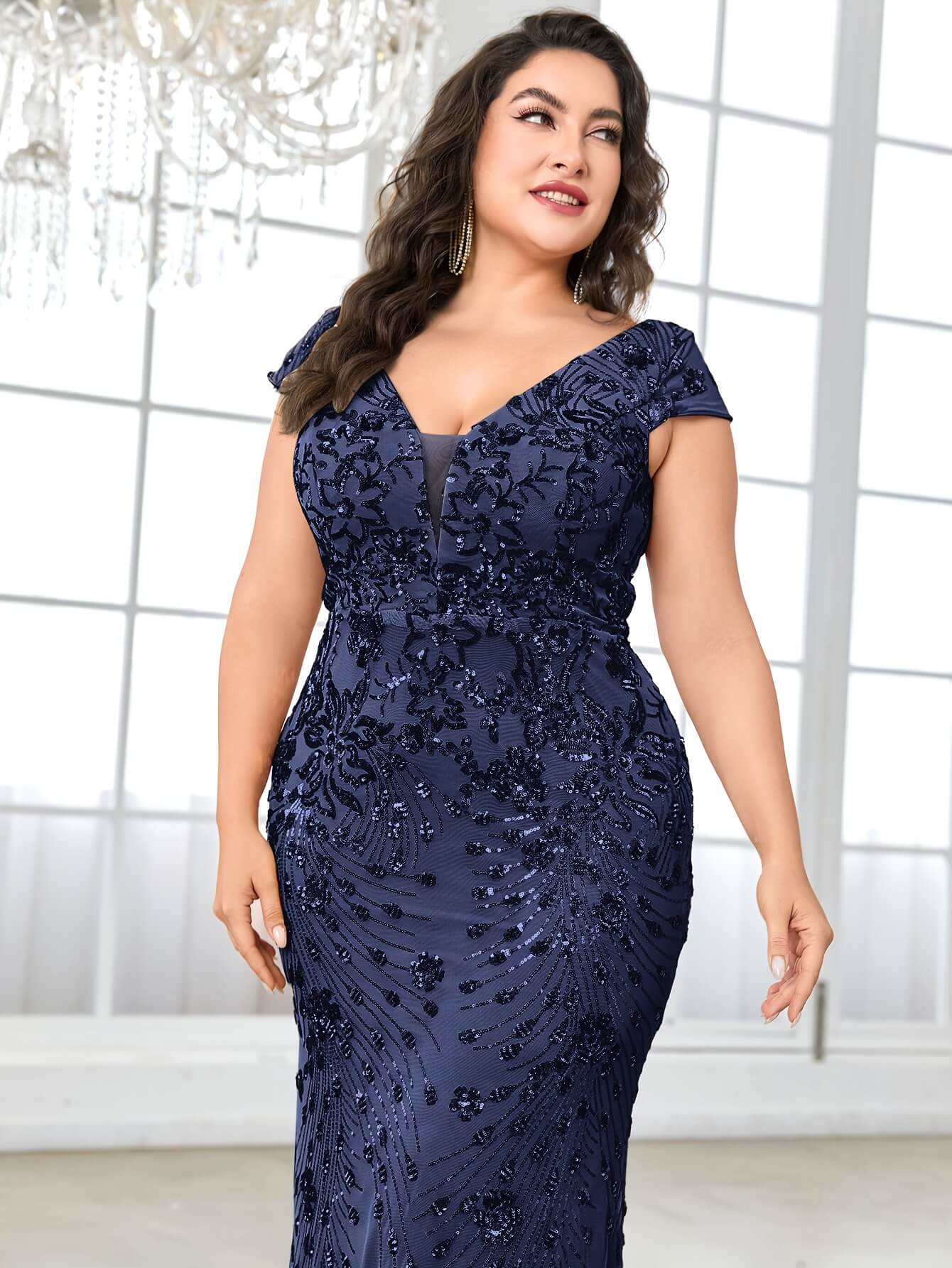 Plus Size Floral Pageant Dress in Navy Blue