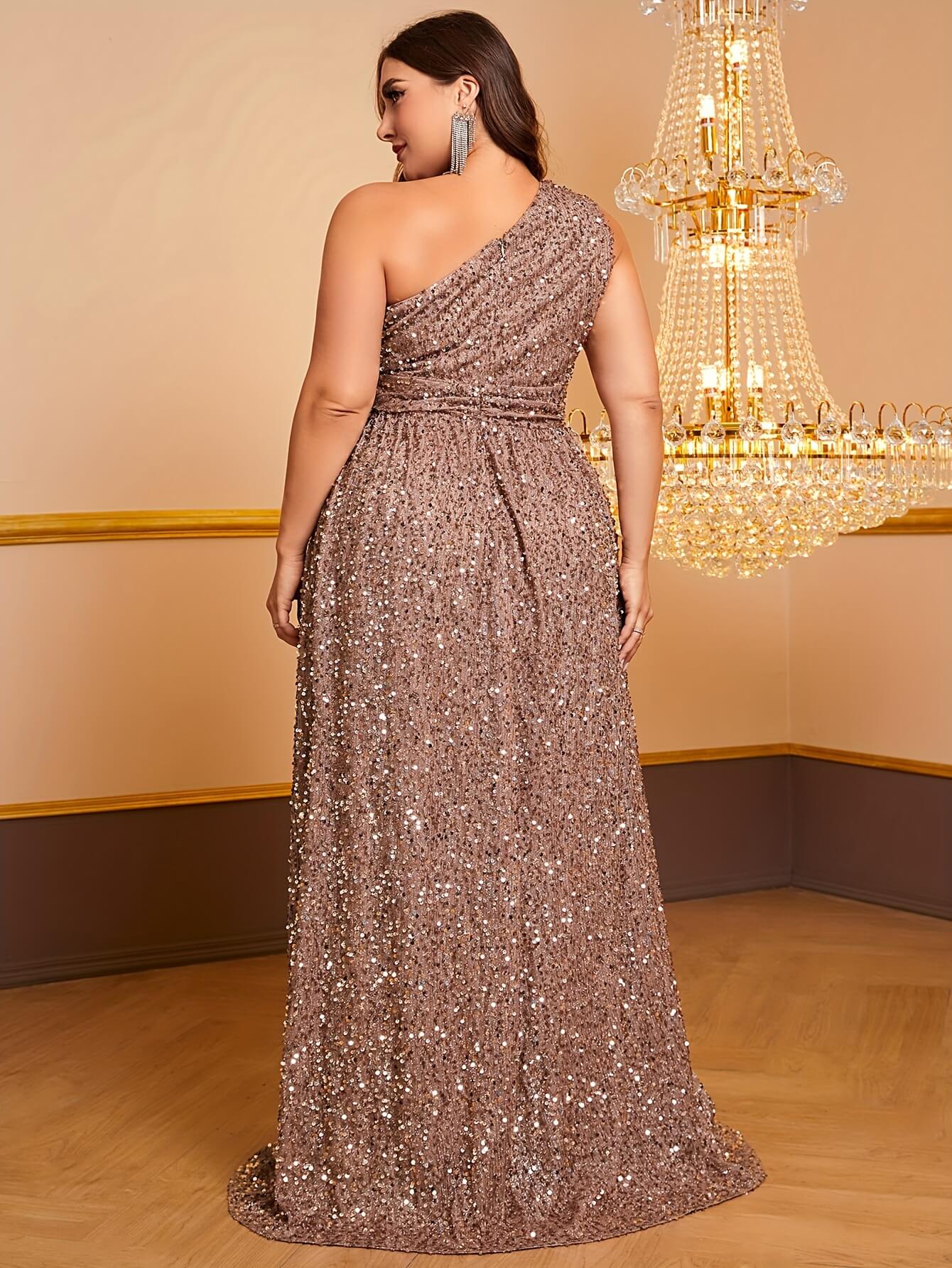 Plus Size One Shoulder Sequin Dress