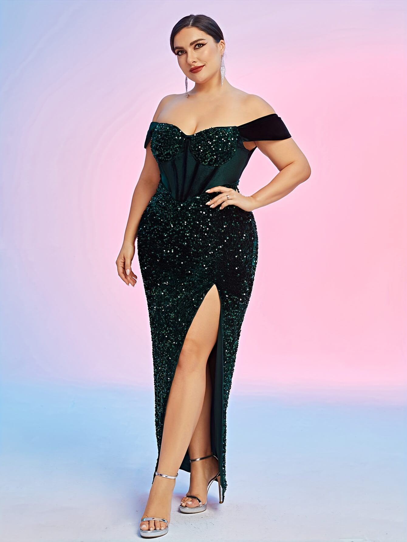 Plus Size Sequin Off Shoulder Pageant Dress