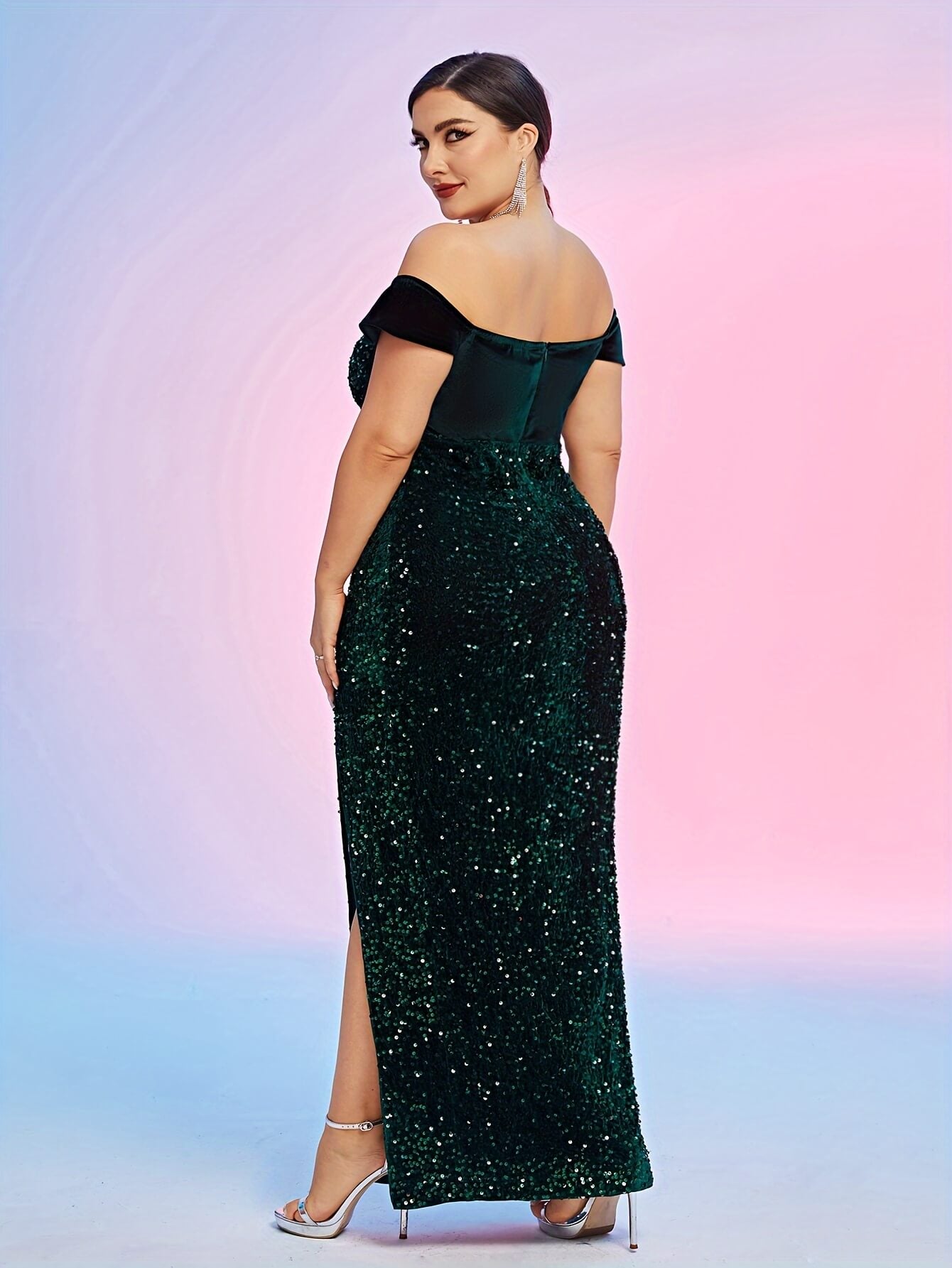 Plus Size Sequin Off Shoulder Pageant Dress