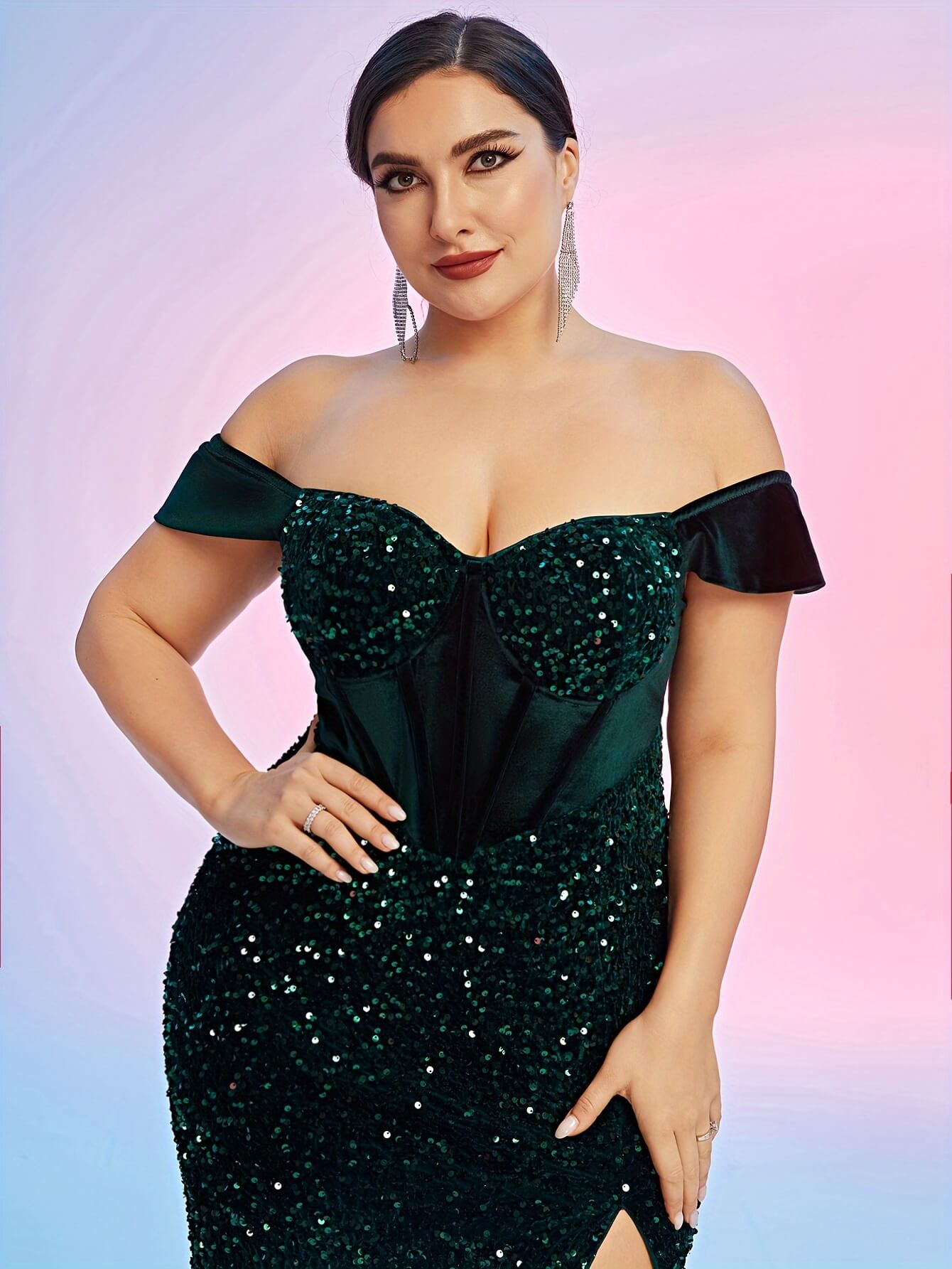 Plus Size Sequin Off Shoulder Pageant Dress