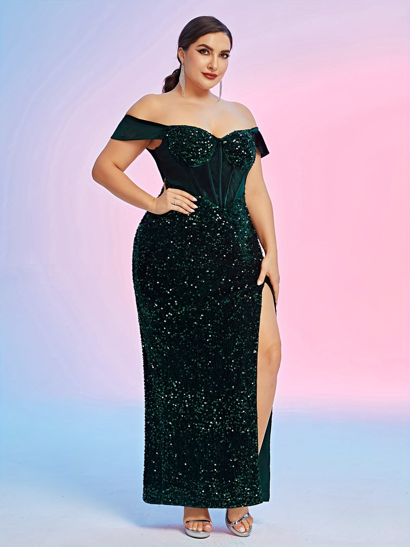 Plus Size Sequin Off Shoulder Pageant Dress