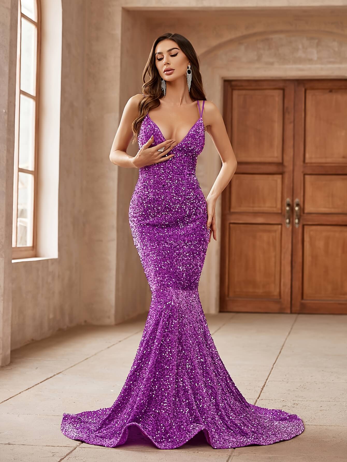 Sequined V-neck Trumpet Pageant Dress