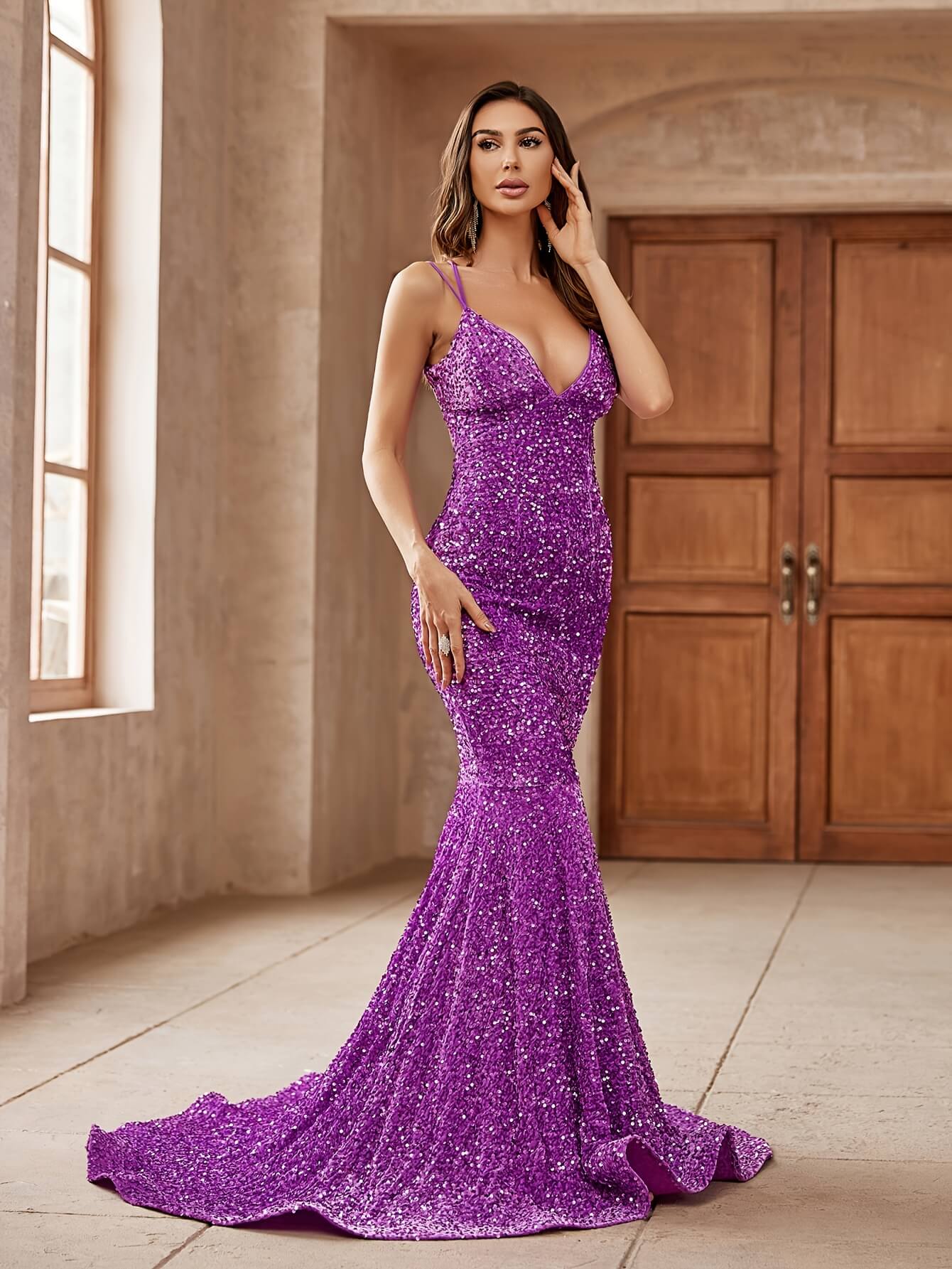 Sequined V-neck Trumpet Pageant Dress