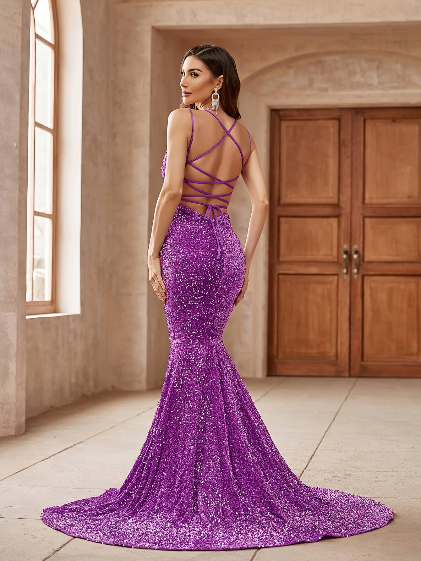 Sequined V-neck Trumpet Pageant Dress