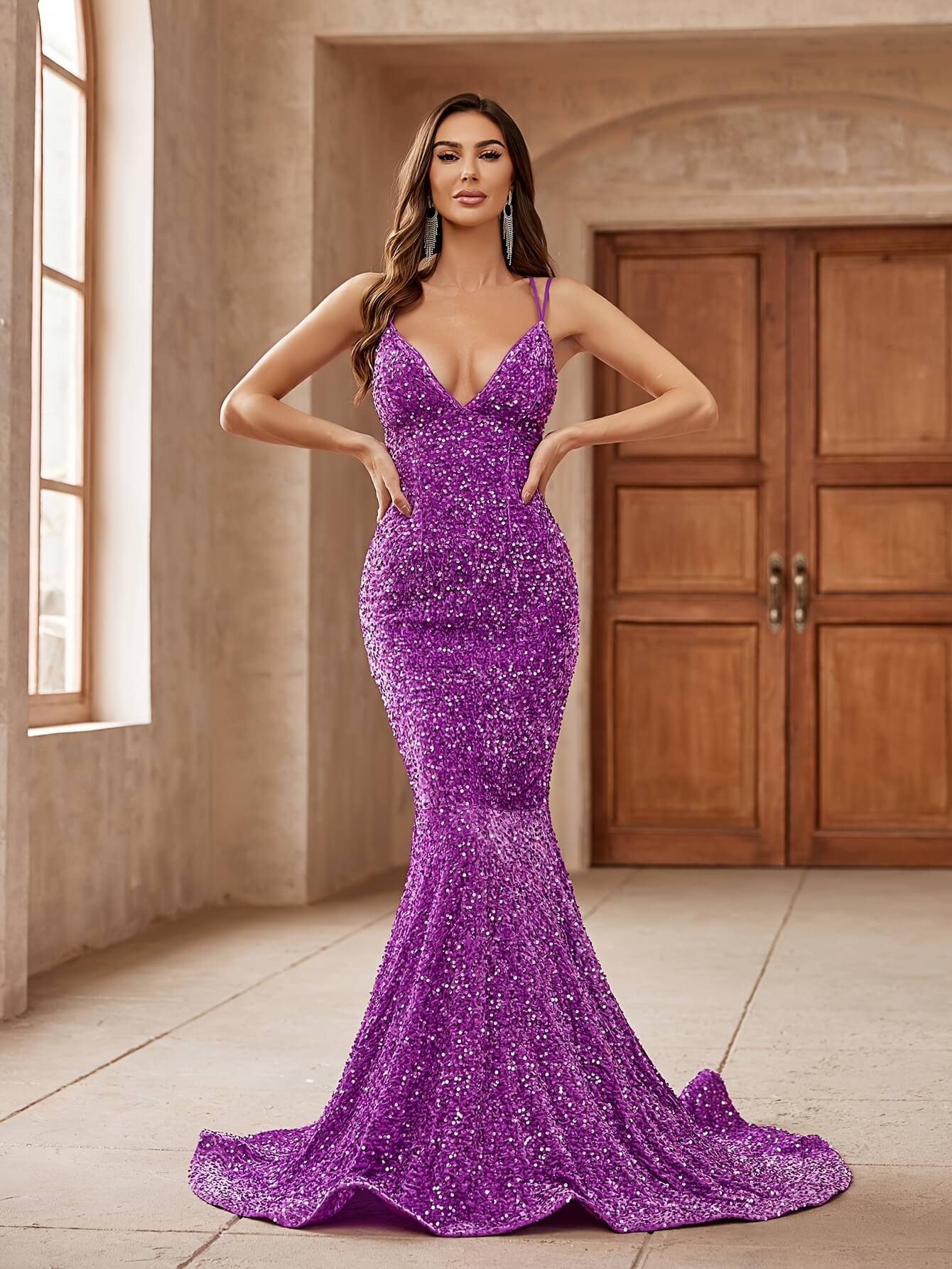 Sequined V-neck Trumpet Pageant Dress